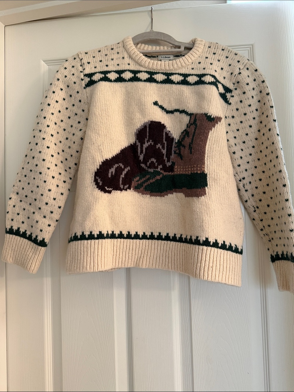 L.L. Bean Cream Western Boot Intarsia Wool Sweater - Cream/Green/Brown